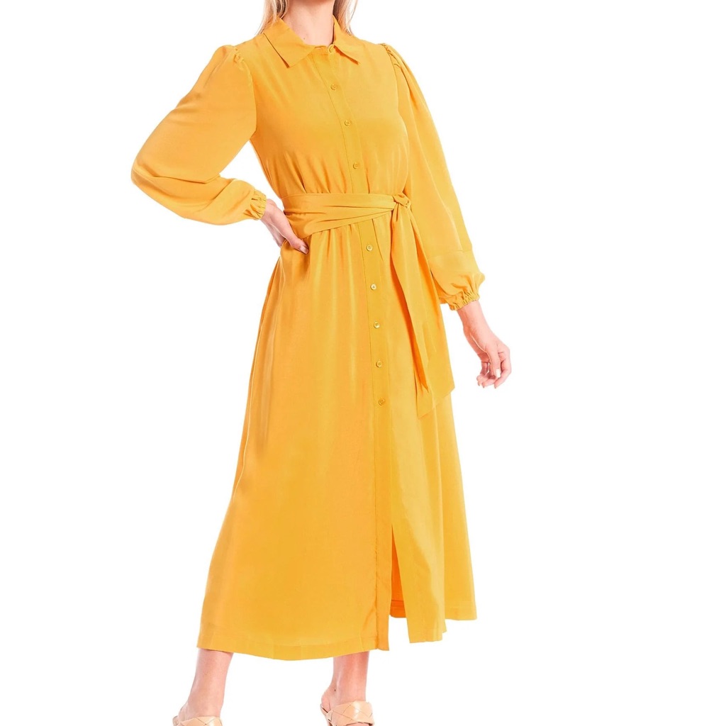 Ldt Lantern Button Down Collar Puff Long Sleeve Midi Gwen Shirt Yellow Dress Nwt